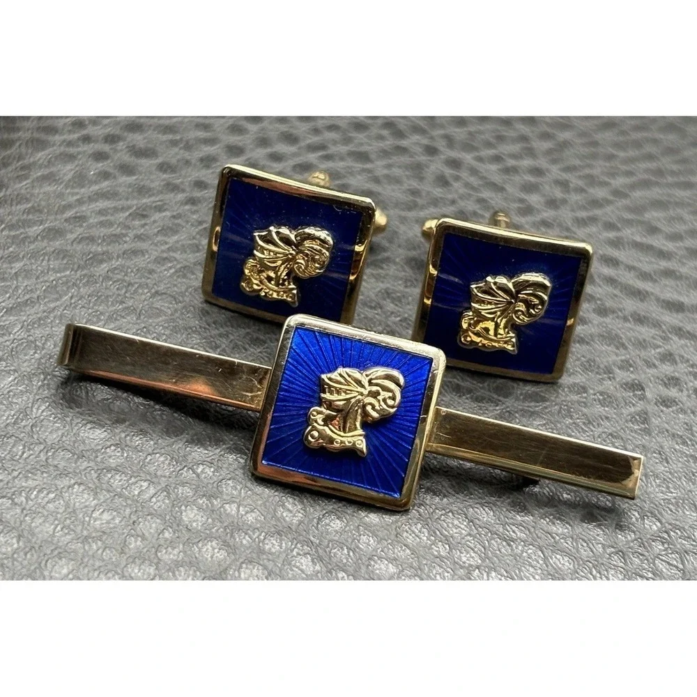 Vintage Knight Heraldic Soldier Blue Guilloche Enamel Cufflinks Tie Clip Set